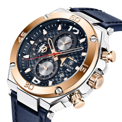 Stevvex ST638NIKEL14 luxury sport mens watch with rose-gold bezel, blue leather strap on Tampa Home & Garden Store