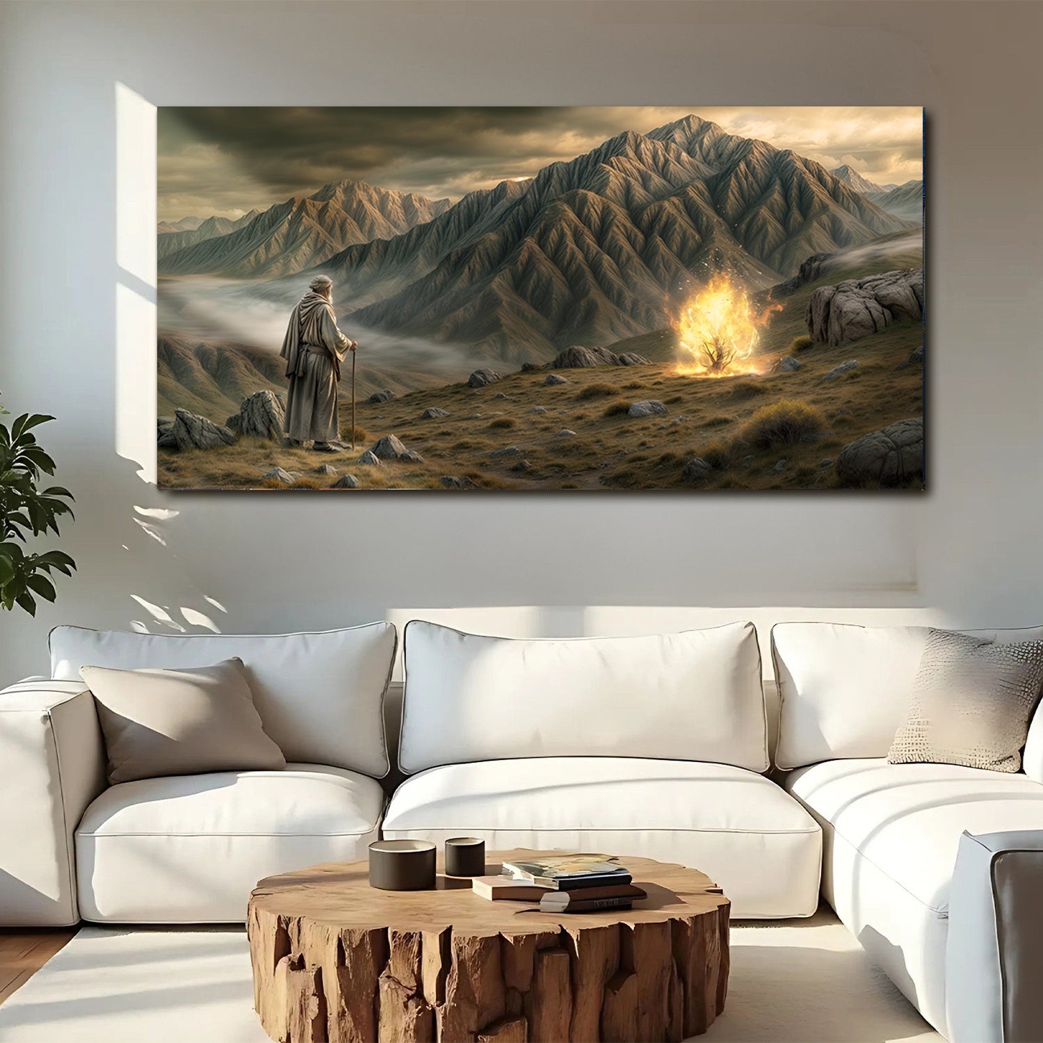 Burning Bush Wall Art shows an elderly prophet with staff before a glowing bush amid mountains on Tampa Home & Garden Store