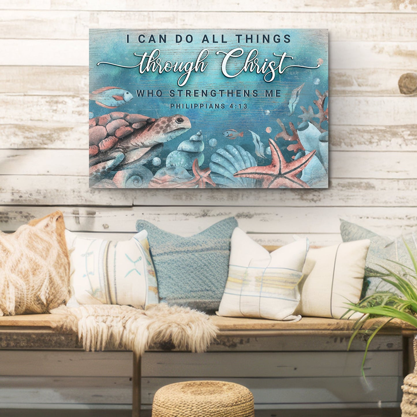 Tailored Canvases faith sign canvas I Can Do All Things Through Christ with blue ocean art on Tampa Home & Garden Store