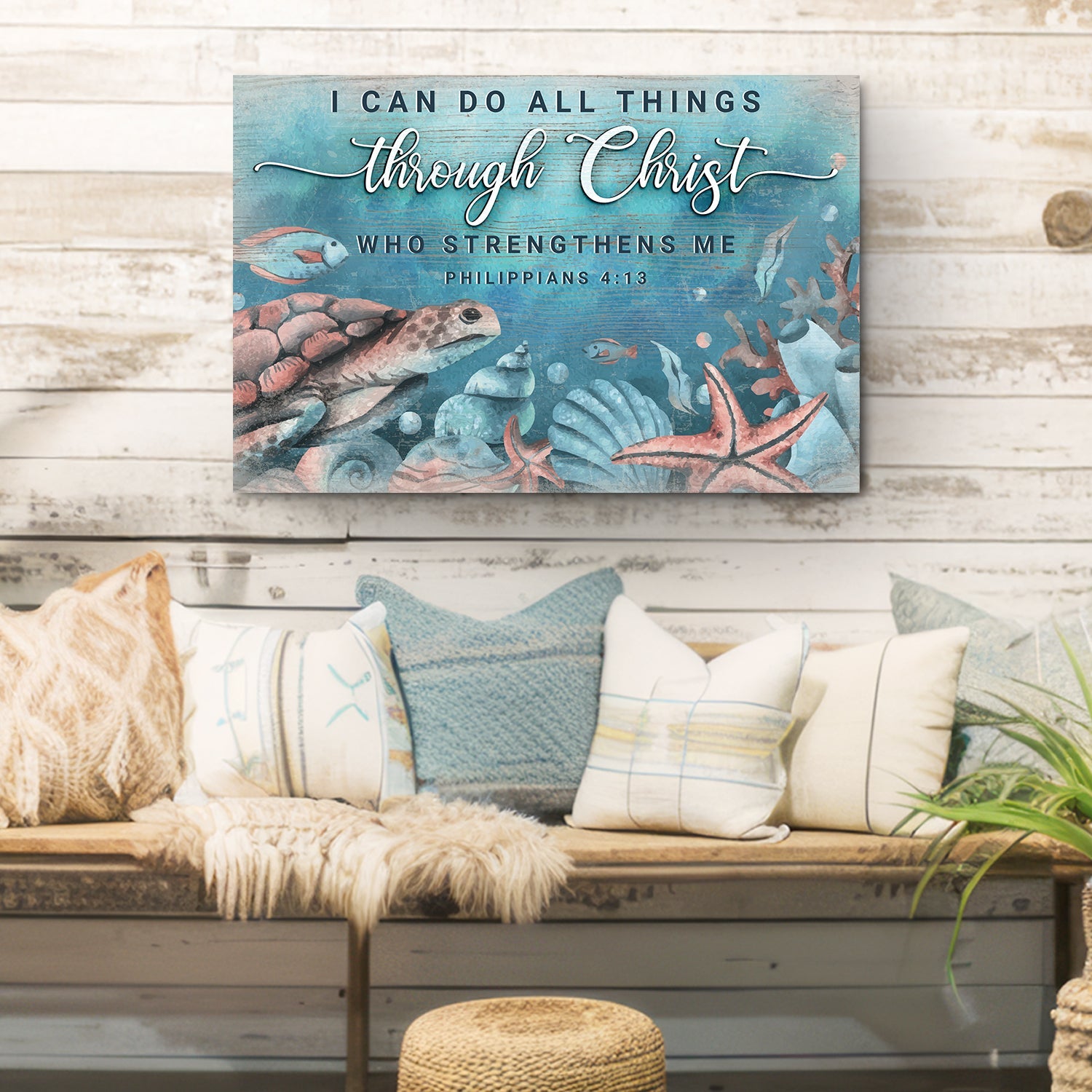 Tailored Canvases faith sign canvas I Can Do All Things Through Christ with blue ocean art on Tampa Home & Garden Store