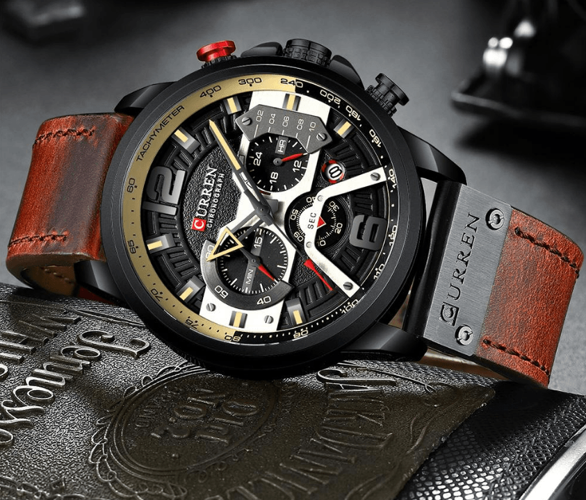 Stevvex men's sports waterproof watch with brown strap black dial chronograph tachymeter on Tampa Home & Garden Store