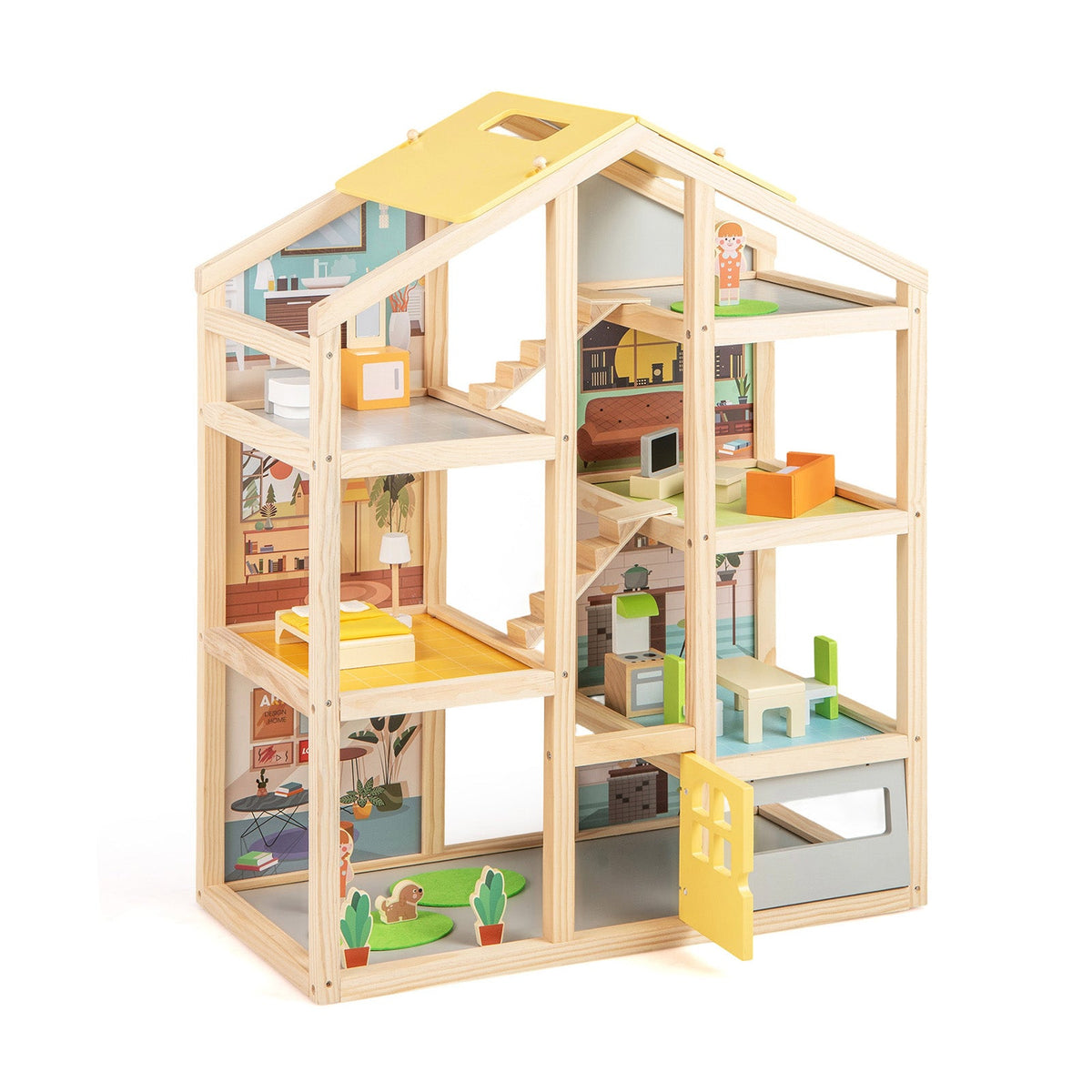Wooden dollhouse playset in natural wood finish with multi-level rooms, furniture and figures DirectDeals on Tampa Home & Garden Store