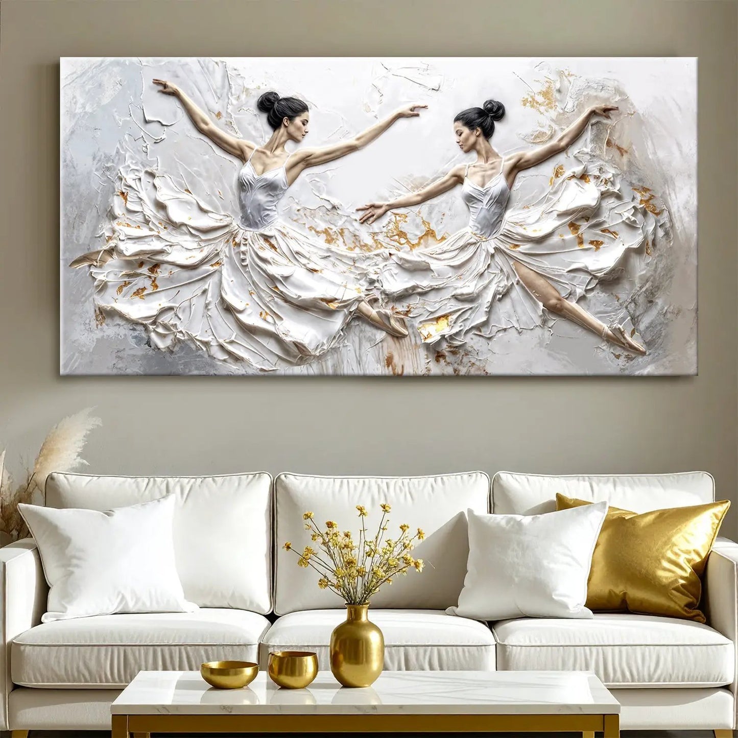 Modern Ethereal Dancers Wall Art canvas two dancers in white gowns with gold accents on Tampa Home & Garden Store