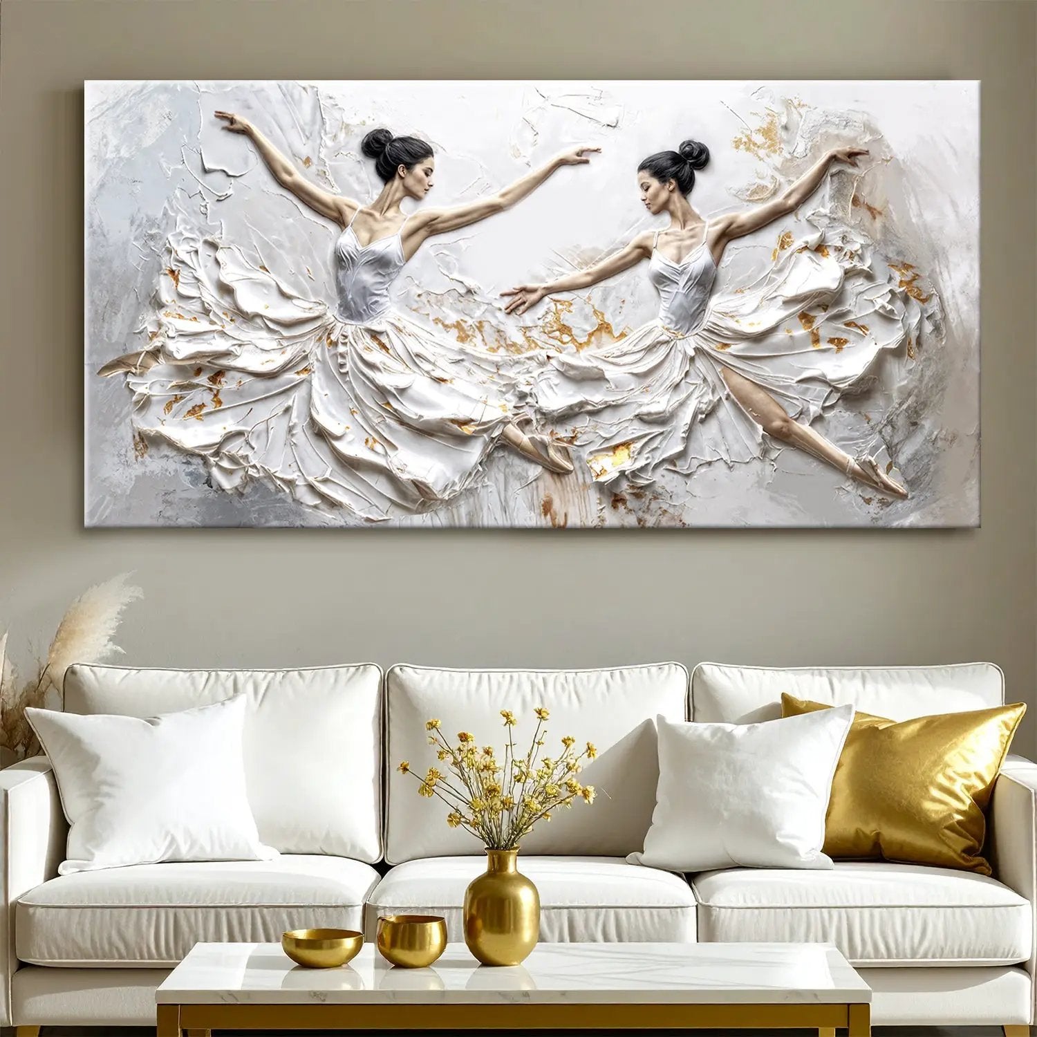 Modern Ethereal Dancers Wall Art canvas two dancers in white gowns with gold accents on Tampa Home & Garden Store