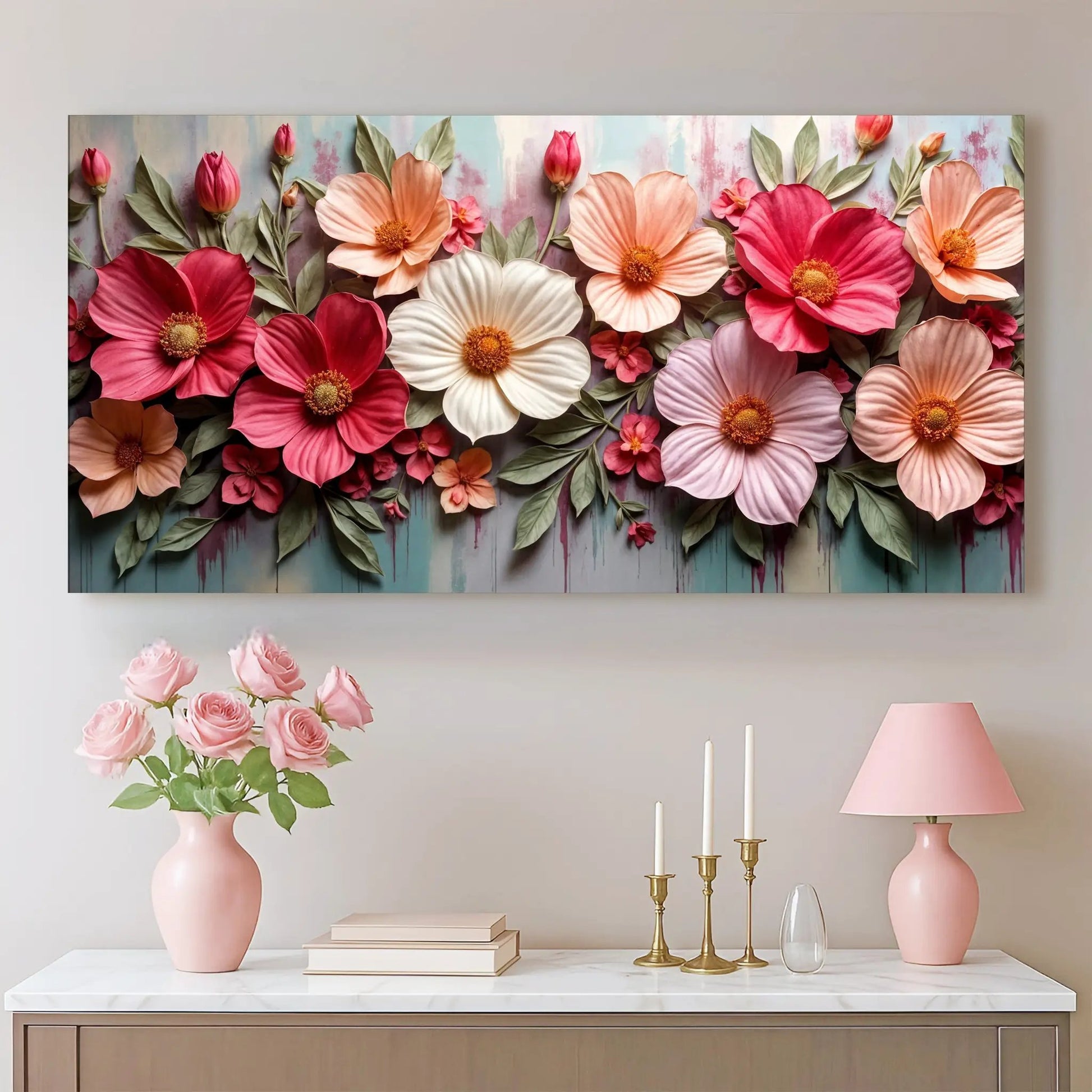 Colorful Floral Realistic Wall Art II canvas with pink blooms on teal backdrop on Tampa Home & Garden Store