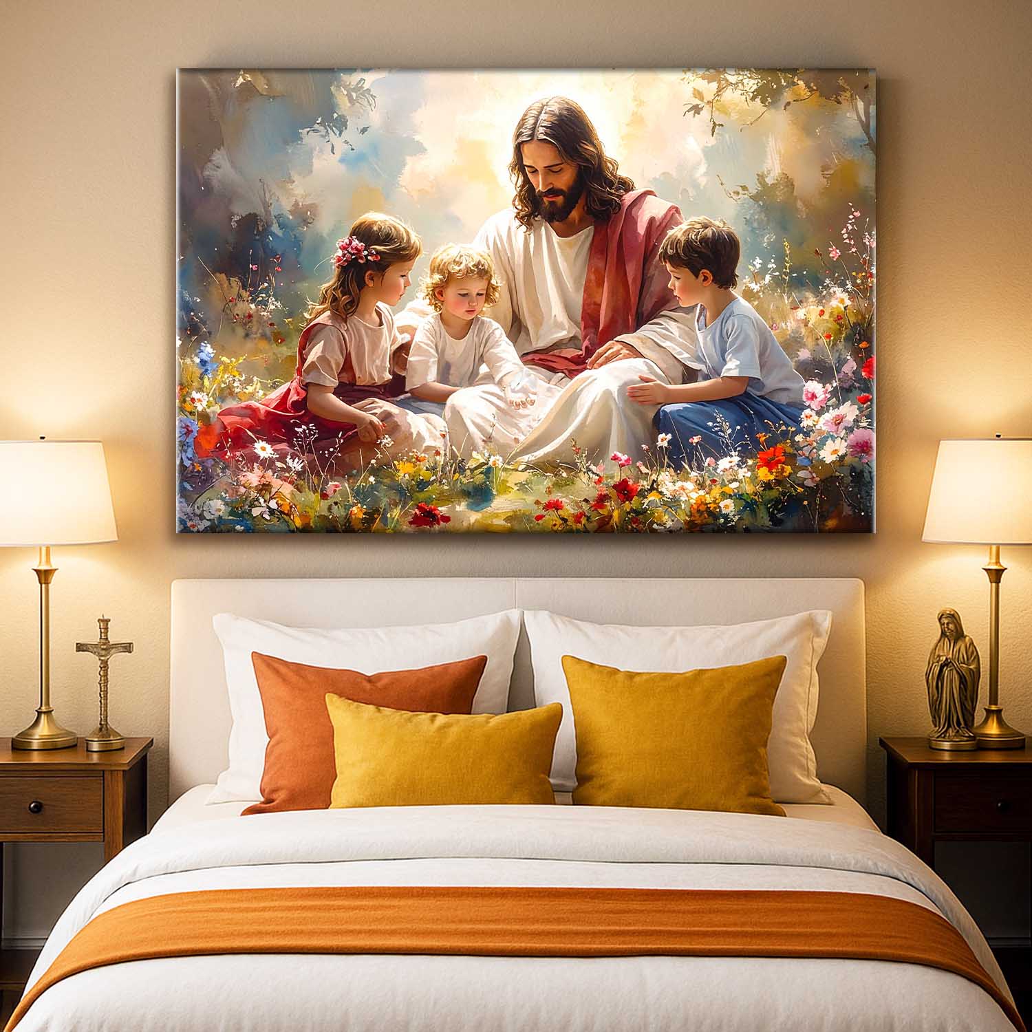 Jesus With Children Faith Wall Art II canvas by Tailored Canvases, colorful floral scene on Tampa Home & Garden Store