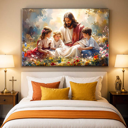 Jesus With Children Faith Wall Art II canvas by Tailored Canvases, colorful floral scene on Tampa Home & Garden Store