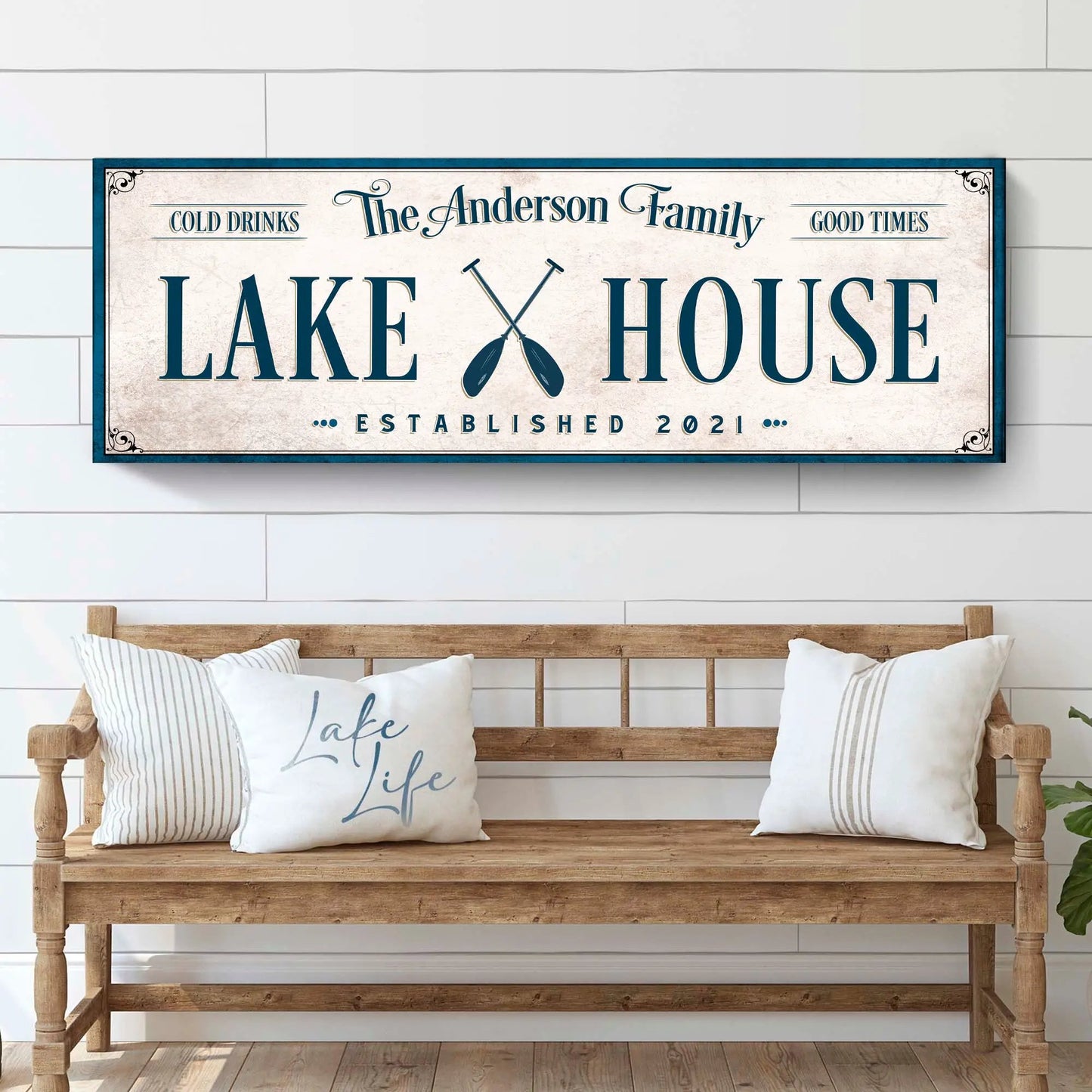 Lake House Sign IV canvas by Tailored Canvases with The Anderson Family and crossed paddles on Tampa Home & Garden Store