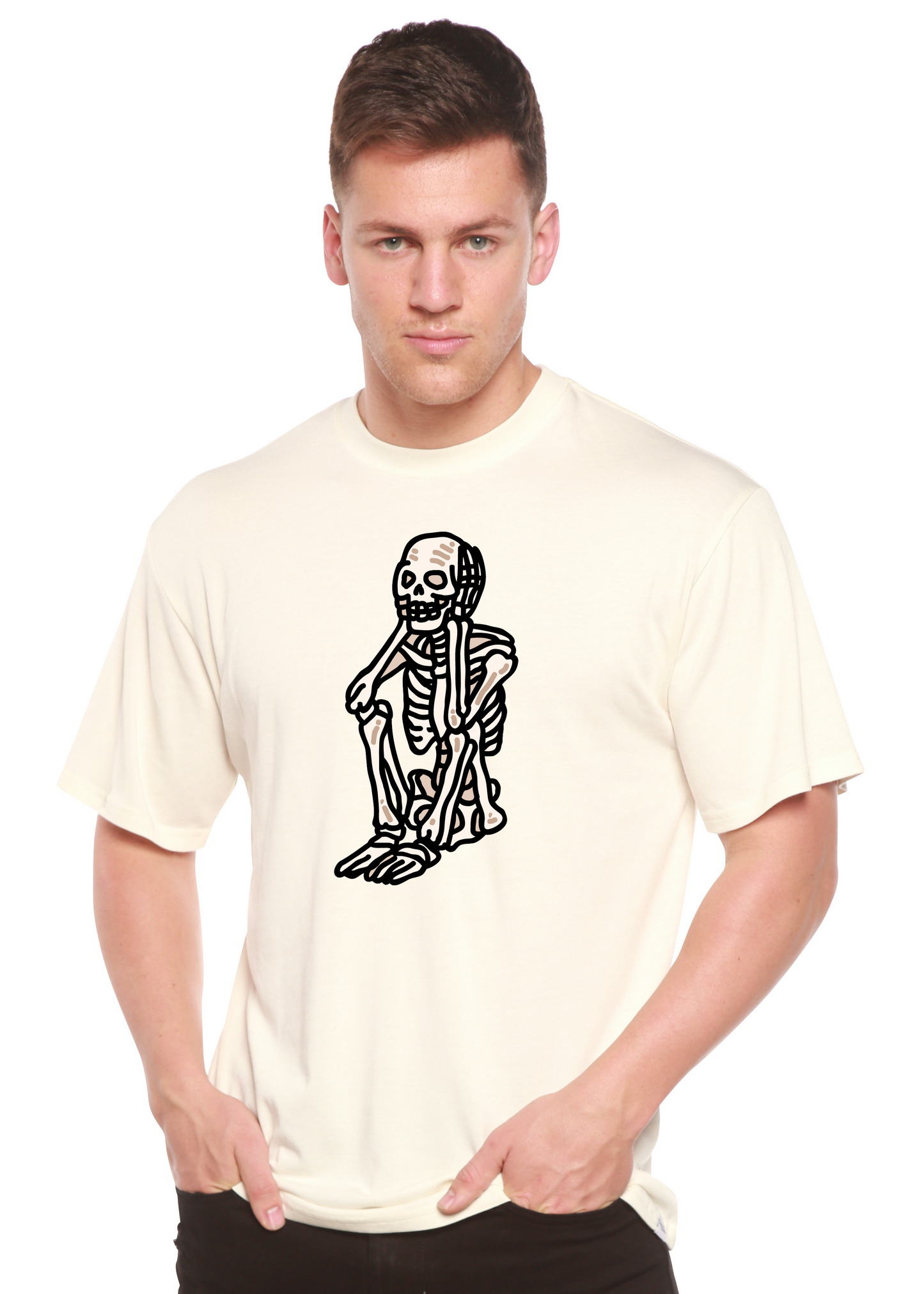 Sad Skeleton unisex cream tee with bamboo viscose/organic cotton and skeleton graphic on Tampa Home & Garden Store