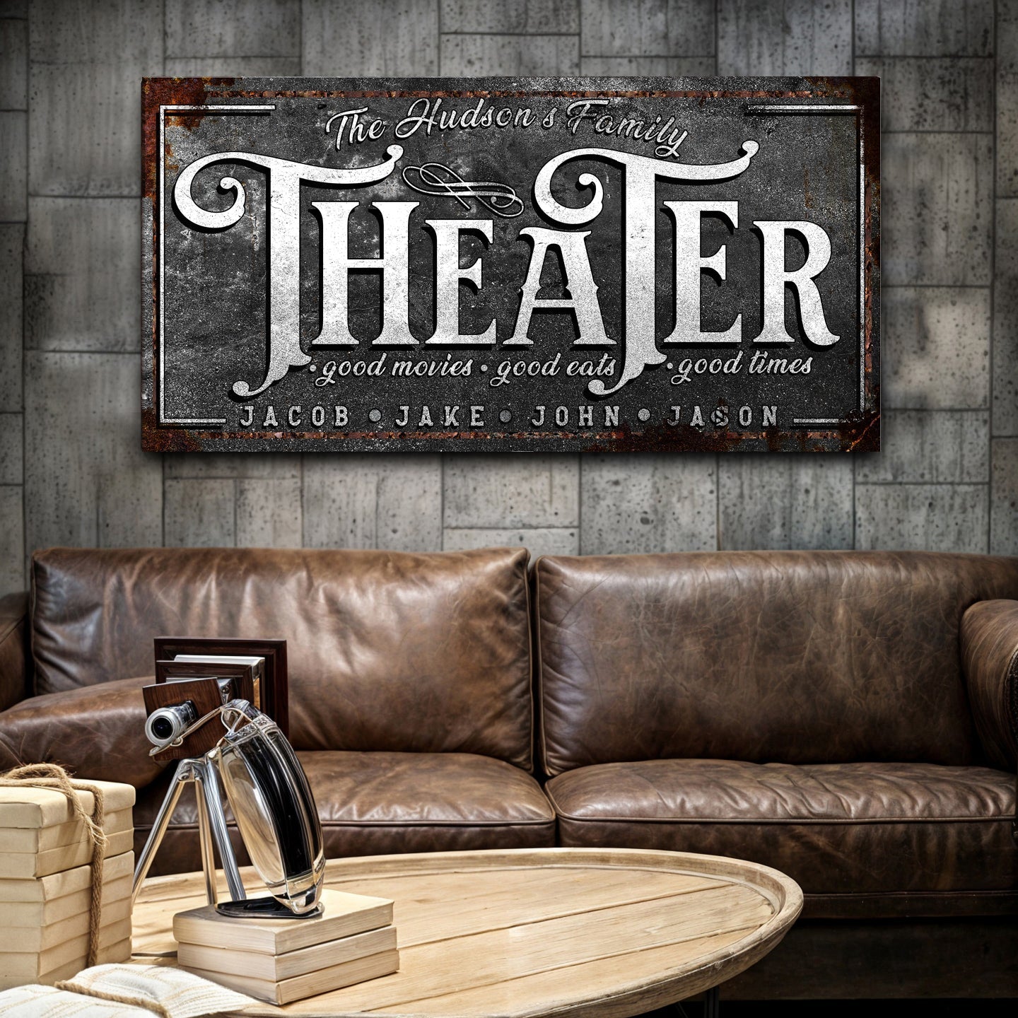 Theater Sign V canvas wall art, rustic distressed gray with rust frame Tailored Canvases on Tampa Home & Garden Store