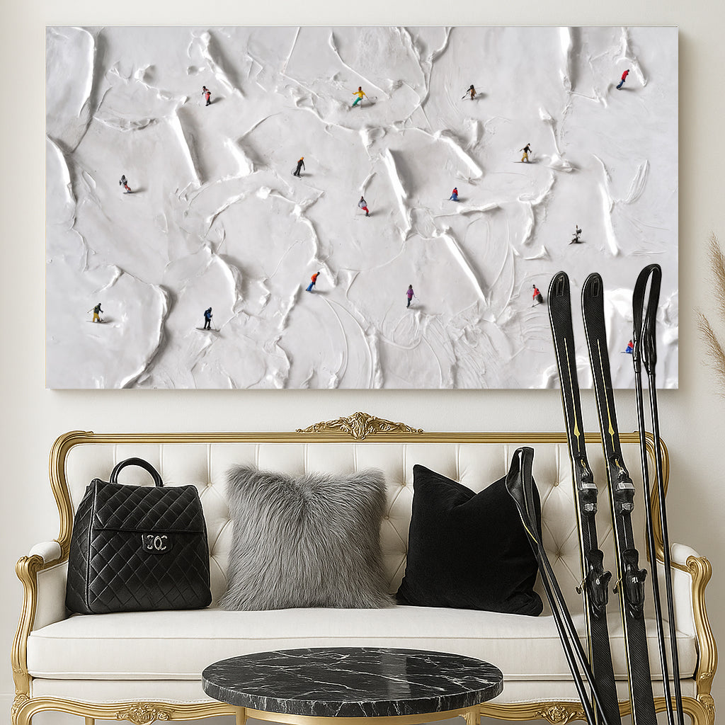 Mountain Minimalist Wall Art V canvas with white textured snow and tiny colorful skiers on Tampa Home & Garden Store