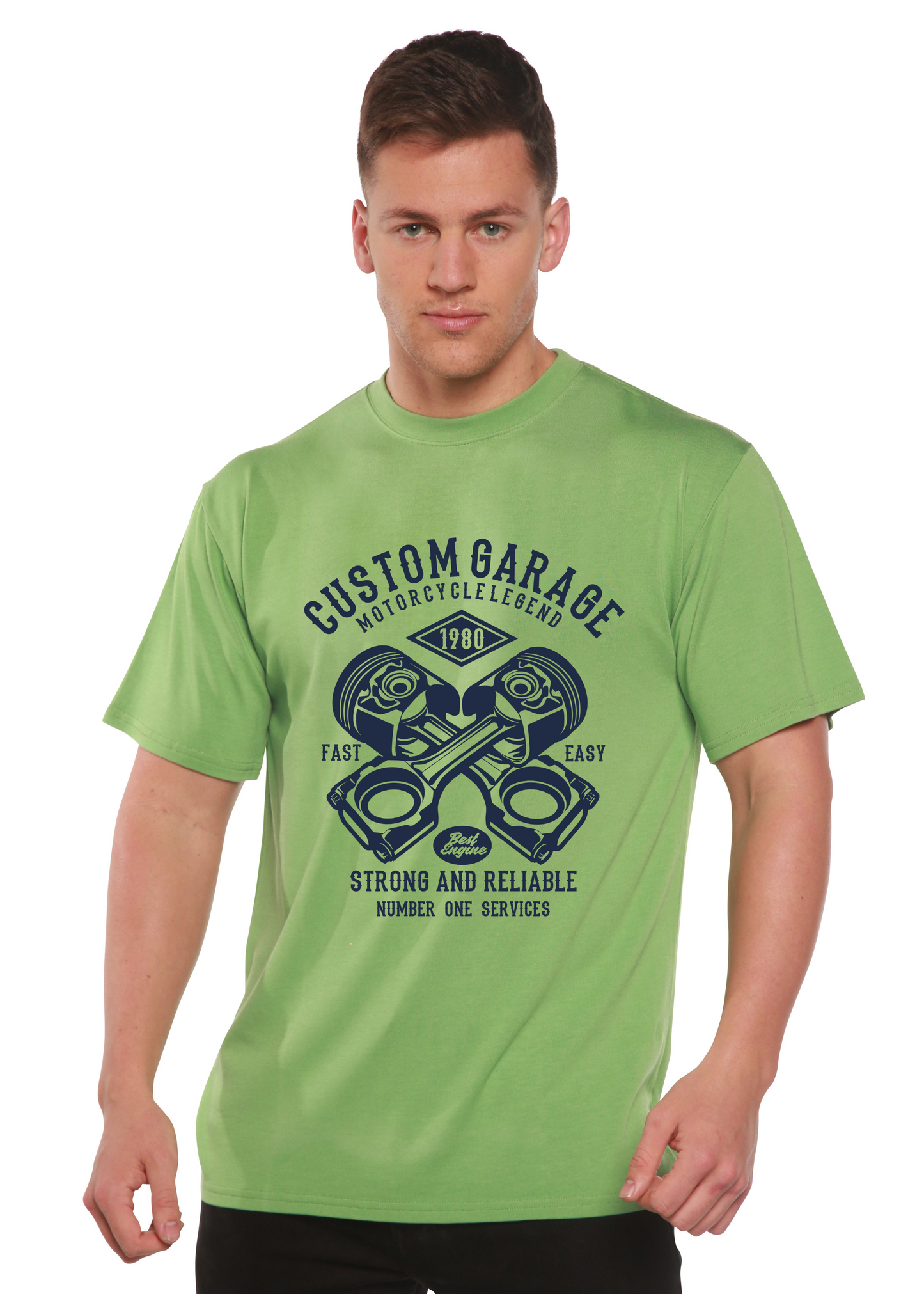 Custom Garage bamboo viscose/organic cotton tee lime green with navy engine print on Tampa Home & Garden Store