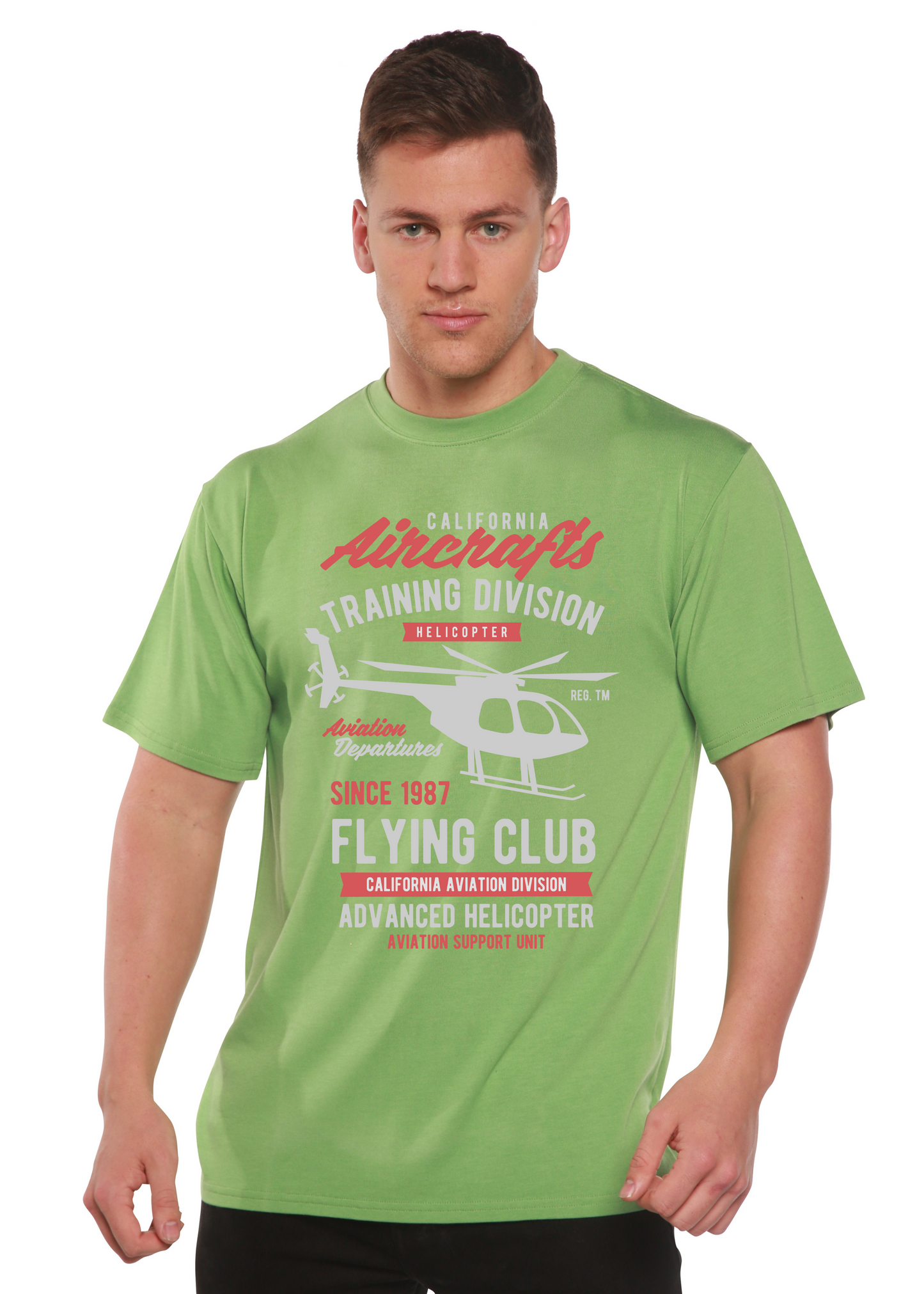 Men's green bamboo short sleeve T-shirt with helicopter print California Aircraft by Spun Bamboo on Tampa Home & Garden Store