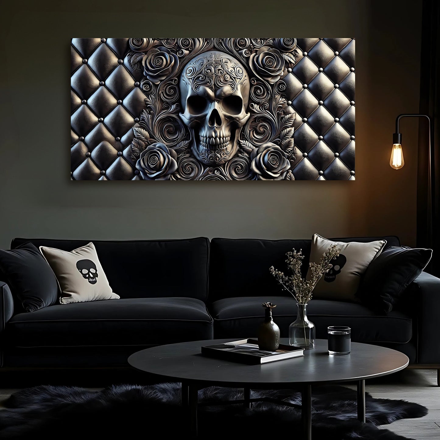3D Rose and Skull Wall Art IV canvas; ornate skull with roses on tufted leather backdrop on Tampa Home & Garden Store