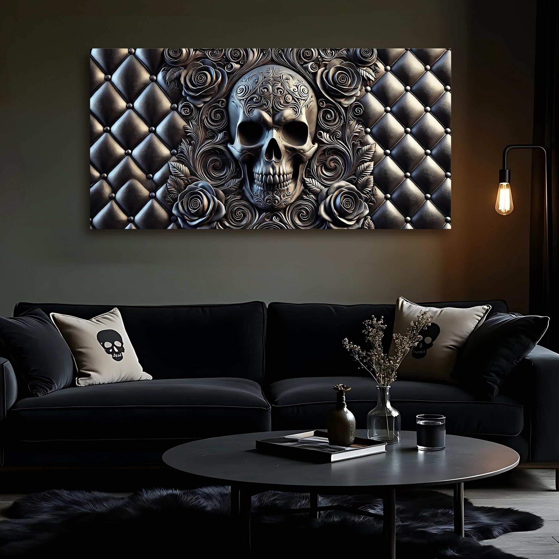 3D Rose and Skull Wall Art IV canvas; ornate skull with roses on tufted leather backdrop on Tampa Home & Garden Store