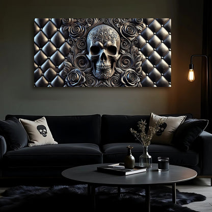 3D Rose and Skull Wall Art IV canvas; ornate skull with roses on tufted leather backdrop on Tampa Home & Garden Store