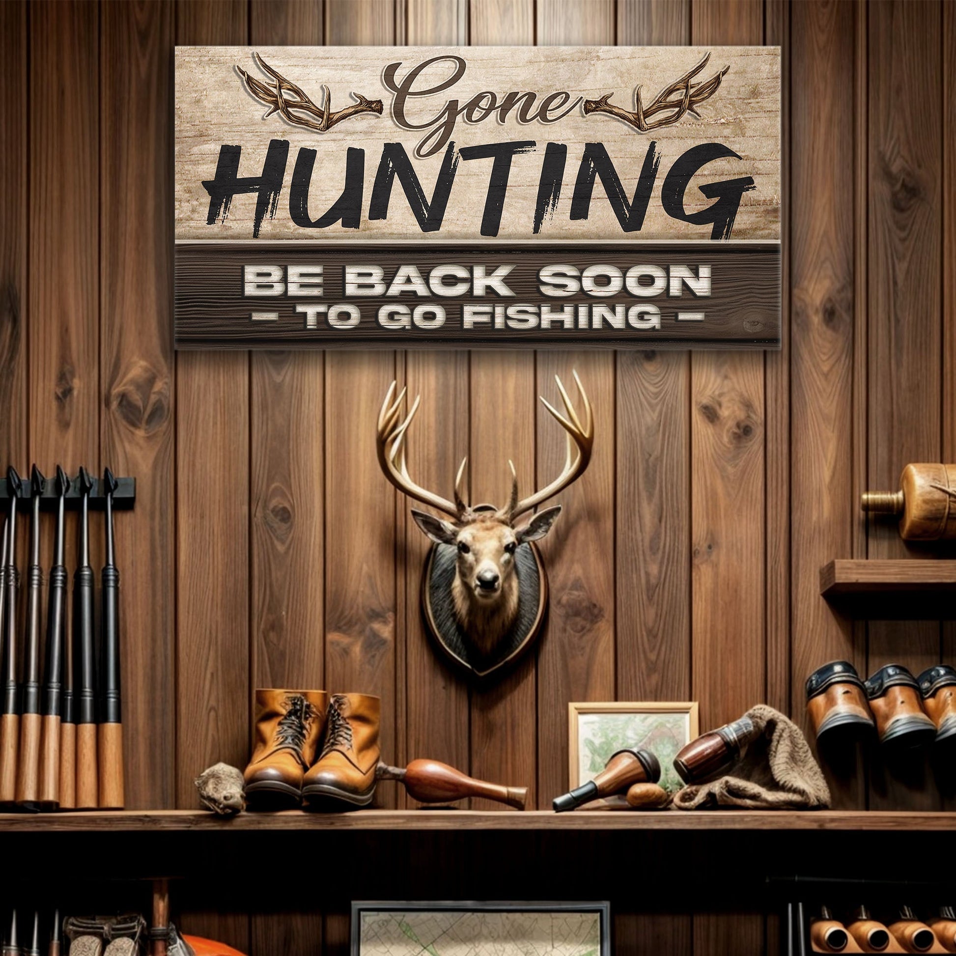 Gone Hunting Sign II canvas with rustic wood panel and antler motif by Tailored Canvases on Tampa Home & Garden Store