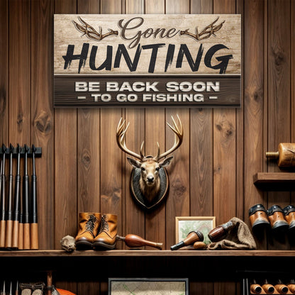 Gone Hunting Sign II canvas with rustic wood panel and antler motif by Tailored Canvases on Tampa Home & Garden Store