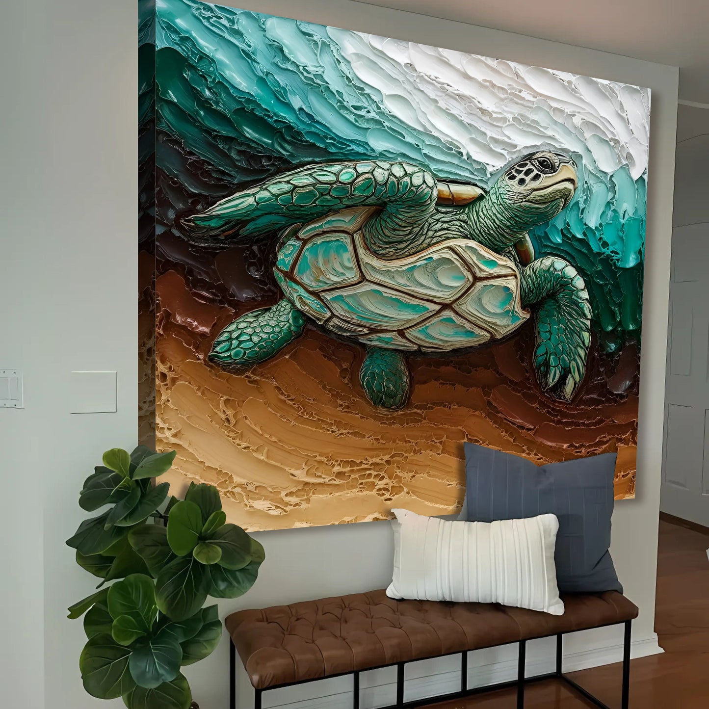 3D Turtle Wall Art canvas with textured green turtle on teal ocean backdrop on Tampa Home & Garden Store