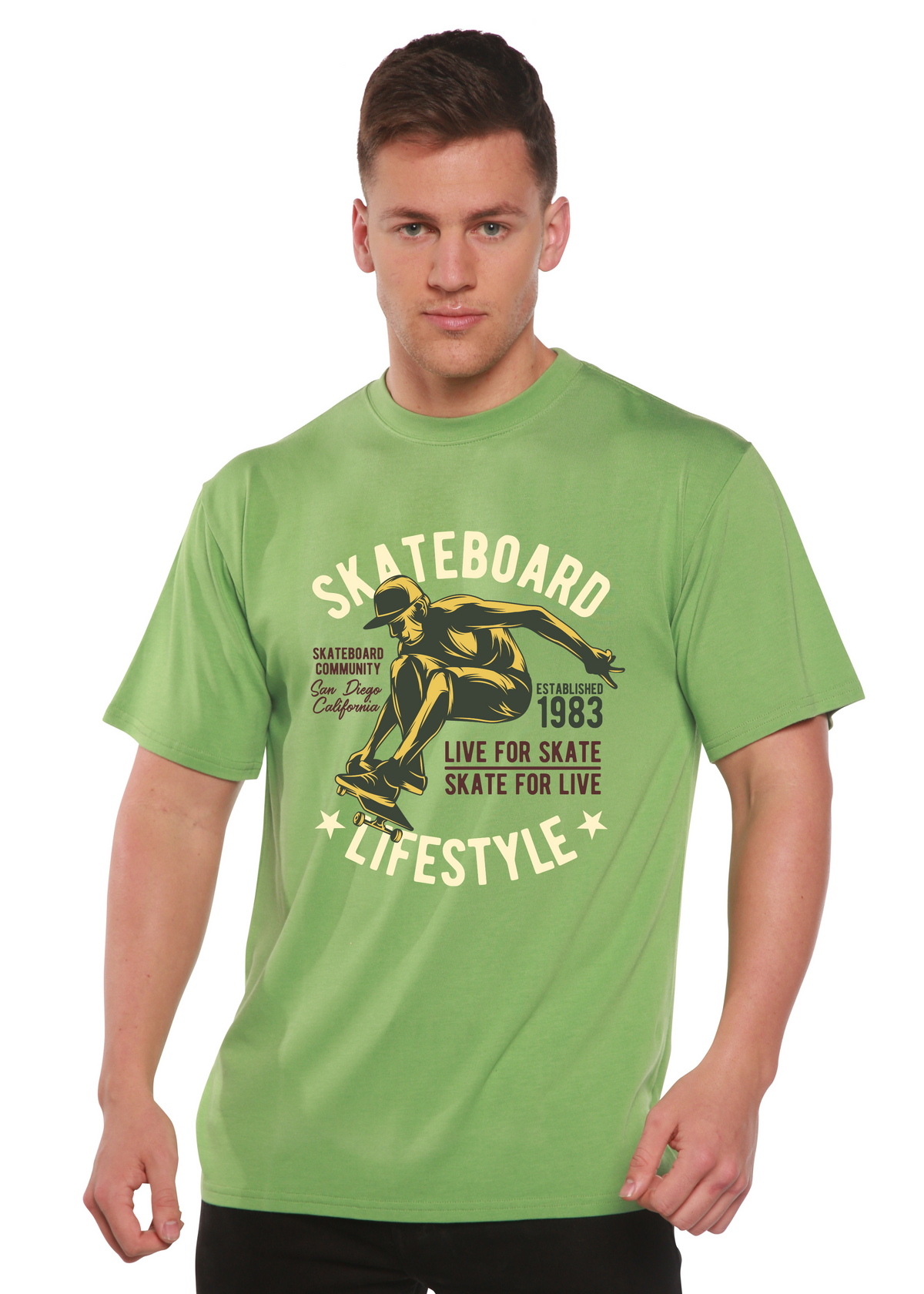Skateboard Lifestyle men's graphic T-shirt in green bamboo viscose organic cotton by Spun Bamboo on Tampa Home & Garden Store