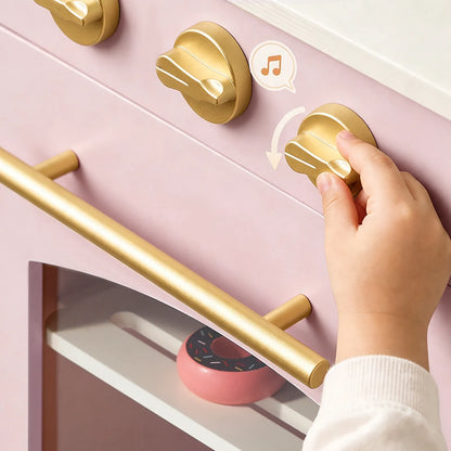 Tiny Land INC wooden play kitchen with storage in pink exterior and gold knobs on Tampa Home & Garden Store