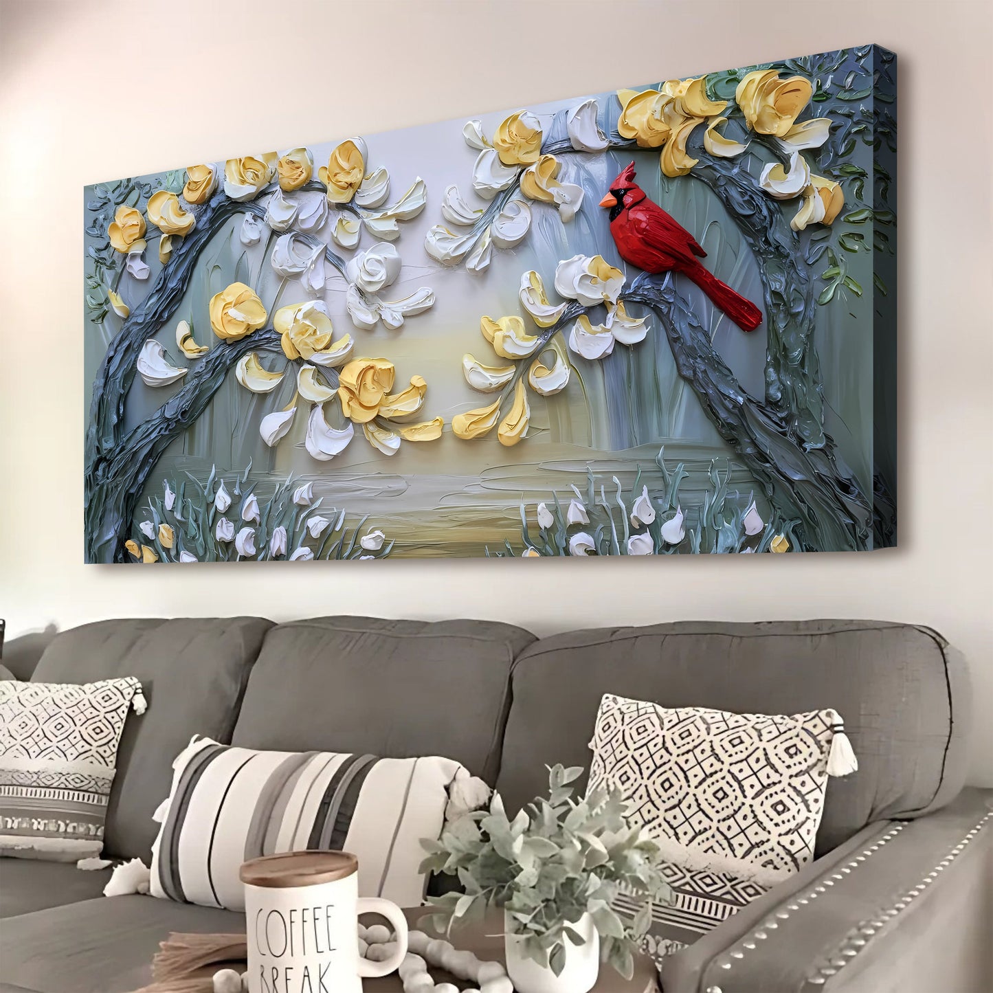 Golden Petals and Scarlet Wings wall canvas with yellow and white petals and a red cardinal on Tampa Home & Garden Store