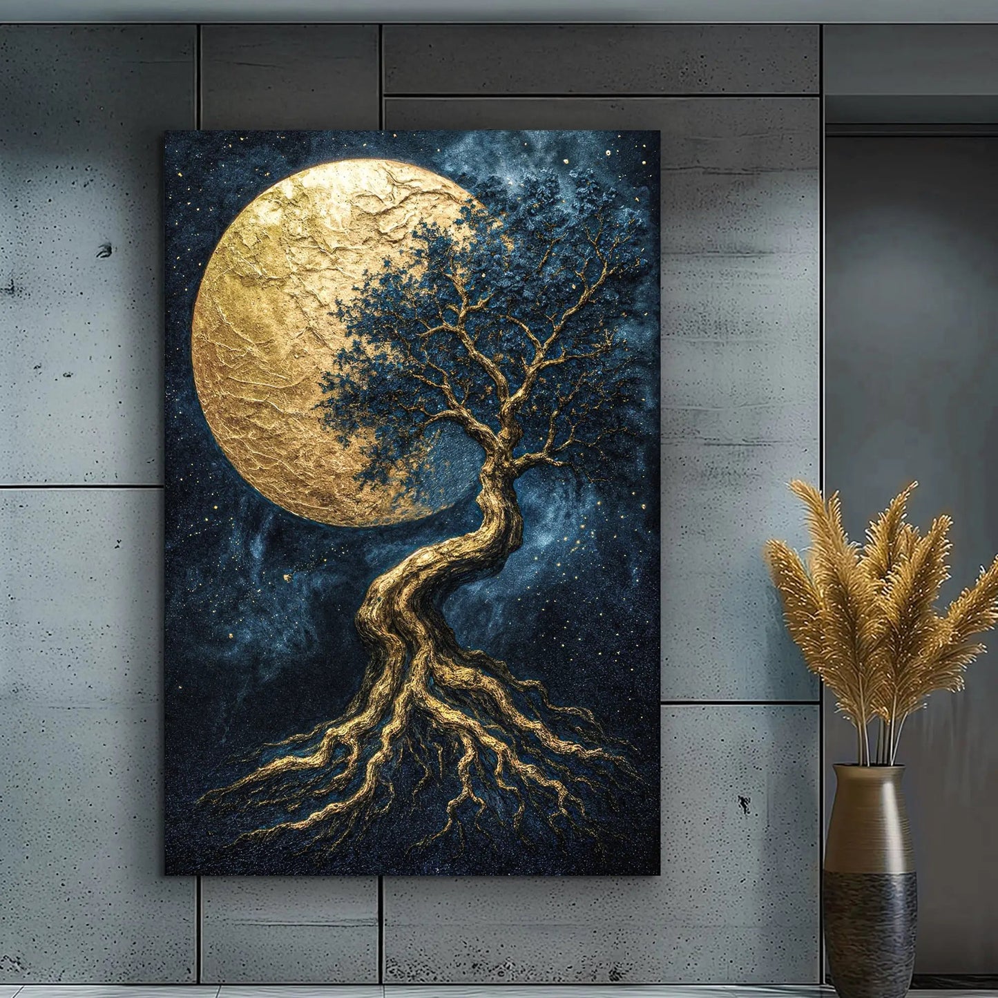 Lunar Tree of Life canvas wall art with a golden tree on deep blue starry night background on Tampa Home & Garden Store