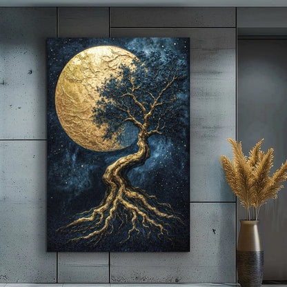 Lunar Tree of Life canvas wall art with a golden tree on deep blue starry night background on Tampa Home & Garden Store