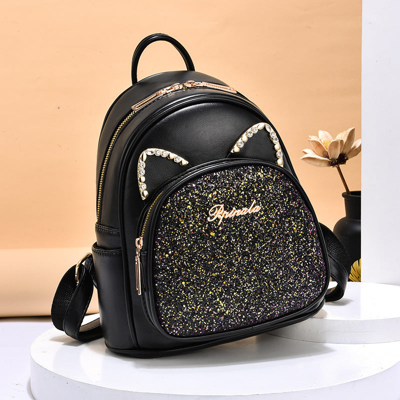 Backpack Stevvex black PU leather school bag with glitter front panel and rhinestone accents on Tampa Home & Garden Store