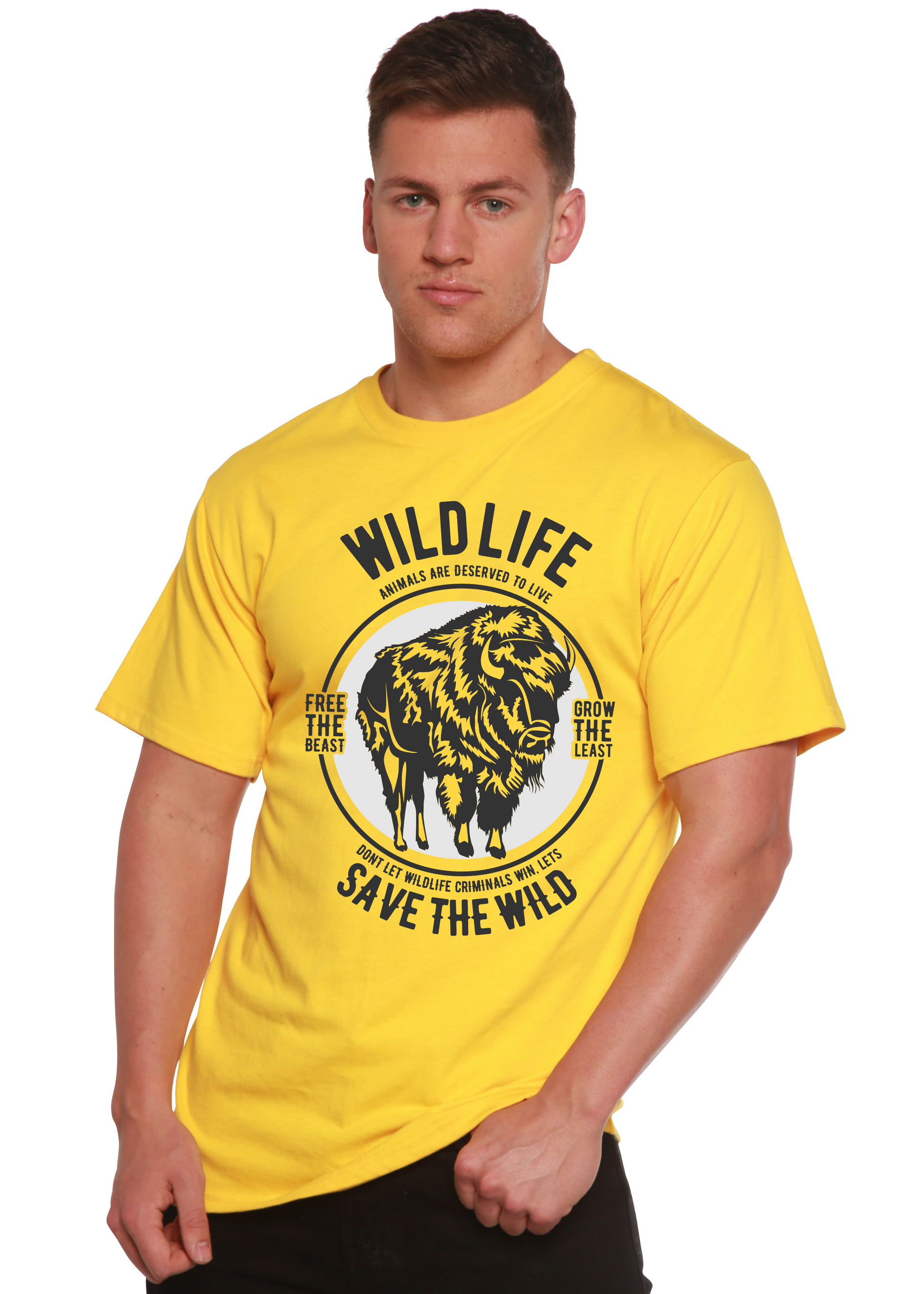 Men's Spun Bamboo Wild Life graphic T-shirt, bright yellow bamboo viscose/organic cotton on Tampa Home & Garden Store