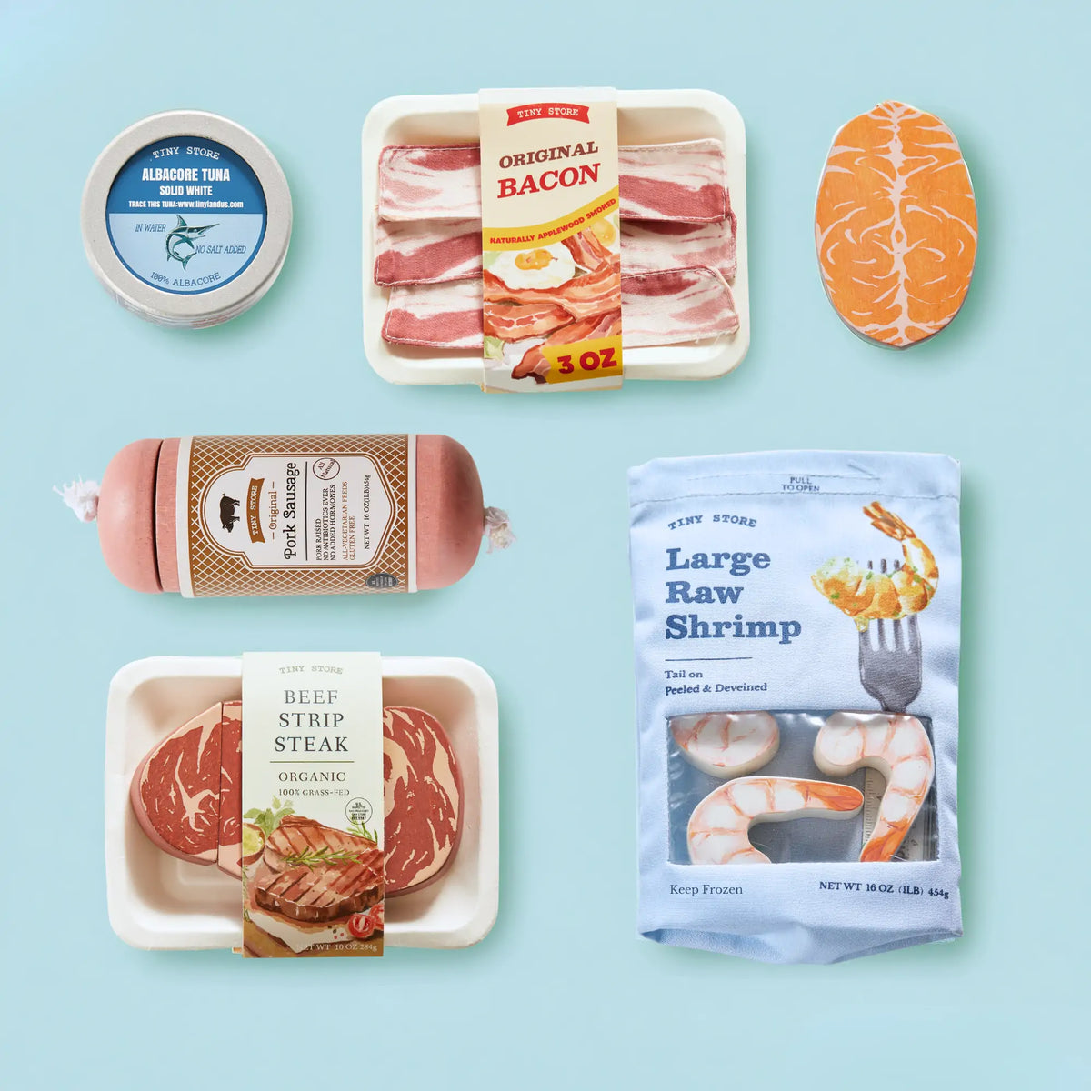 Tiny Land Organic Meat & Seafood Pack play food with tuna, bacon, salmon, beef and shrimp on Tampa Home & Garden Store