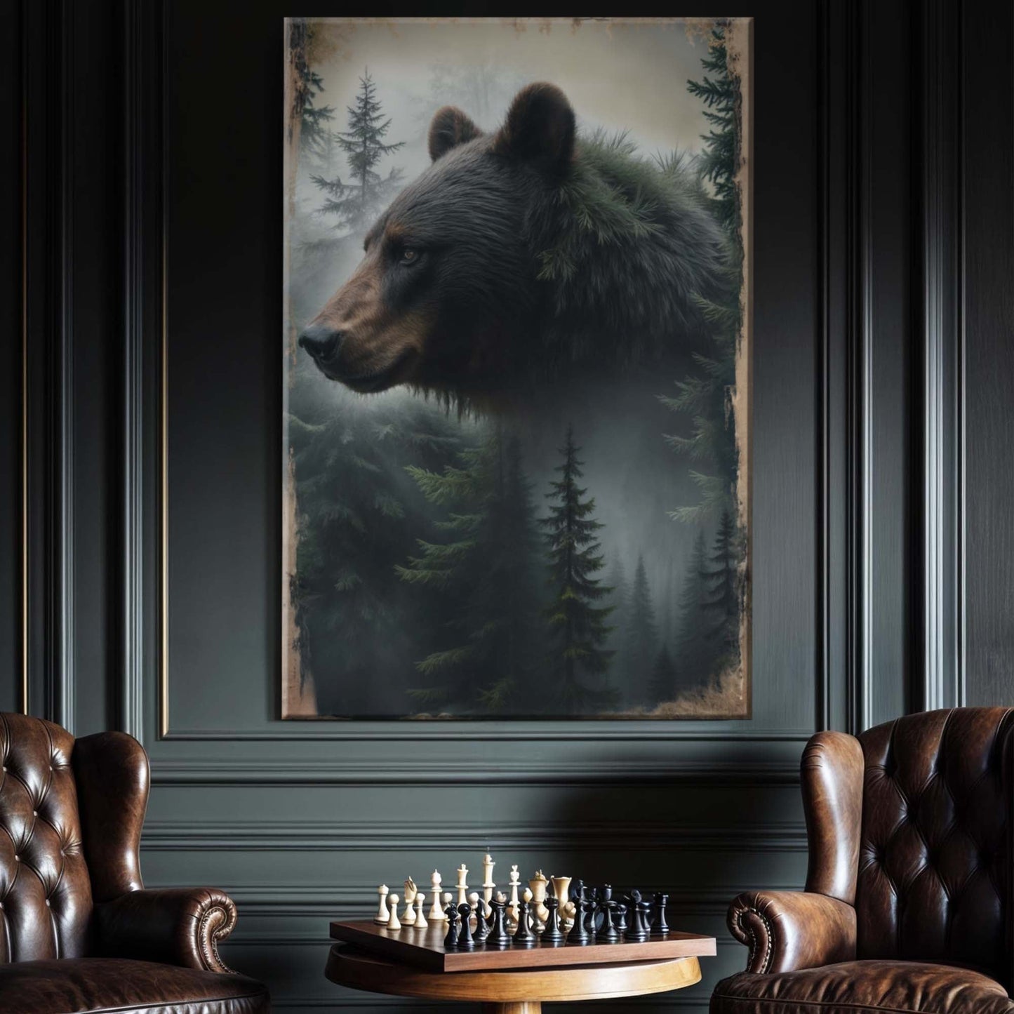 Black Bear Exposure Wall Art canvas by Tailored Canvases, forest backdrop with bear portrait on Tampa Home & Garden Store