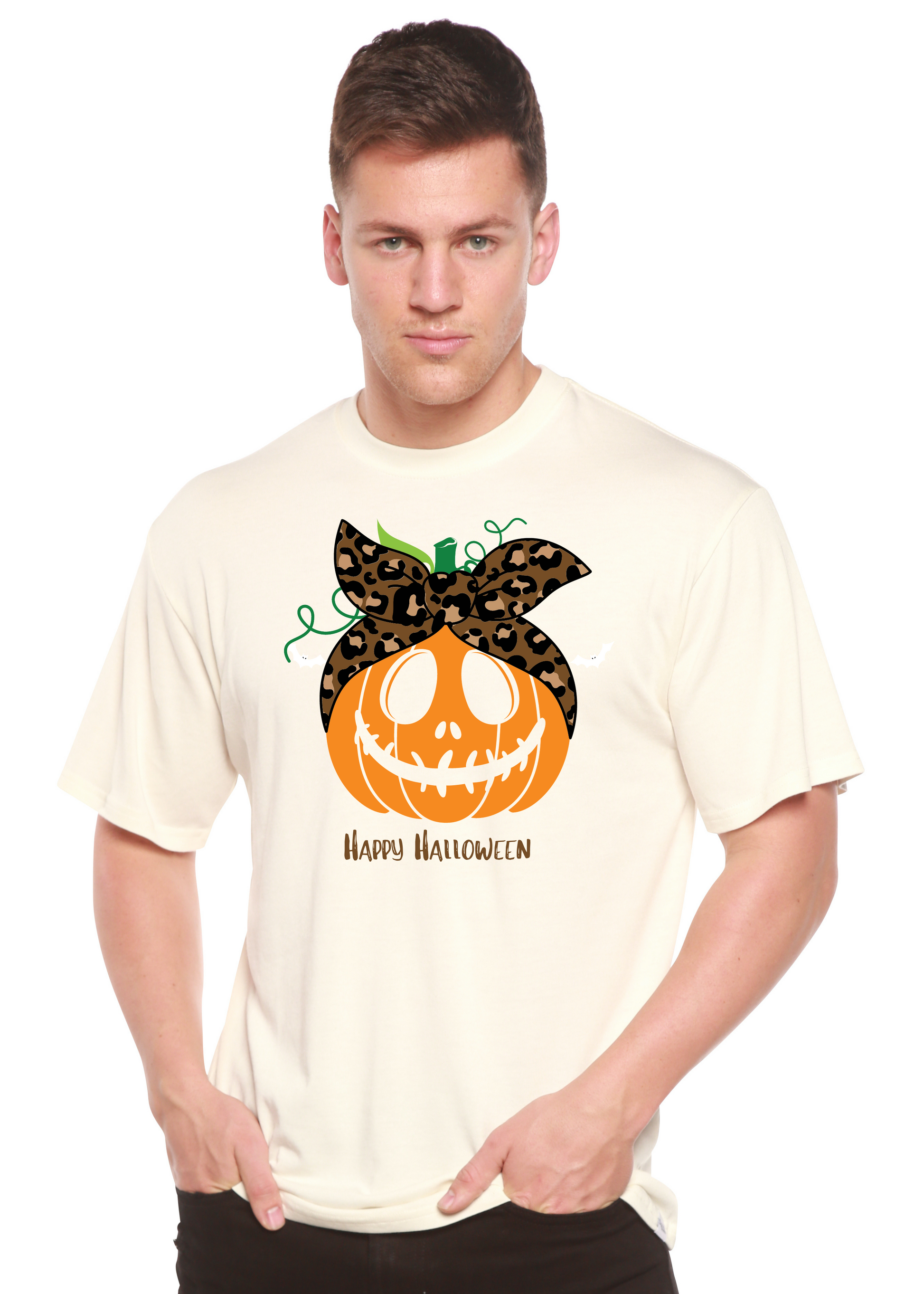Men's cream bamboo tee with a leopard pumpkin bow and green vines graphic print on Tampa Home & Garden Store