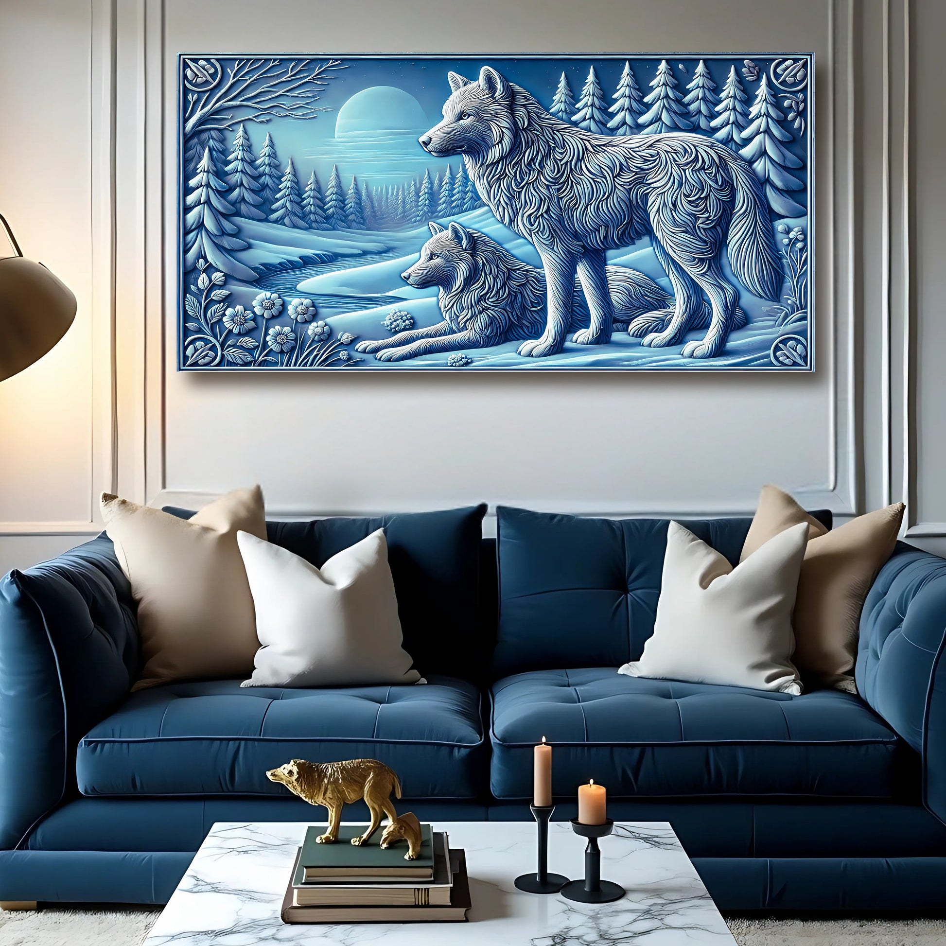 3D Wolves Wall Art VI canvas by Tailored Canvases, blue wolves in snowy forest, 2 wolves on Tampa Home & Garden Store