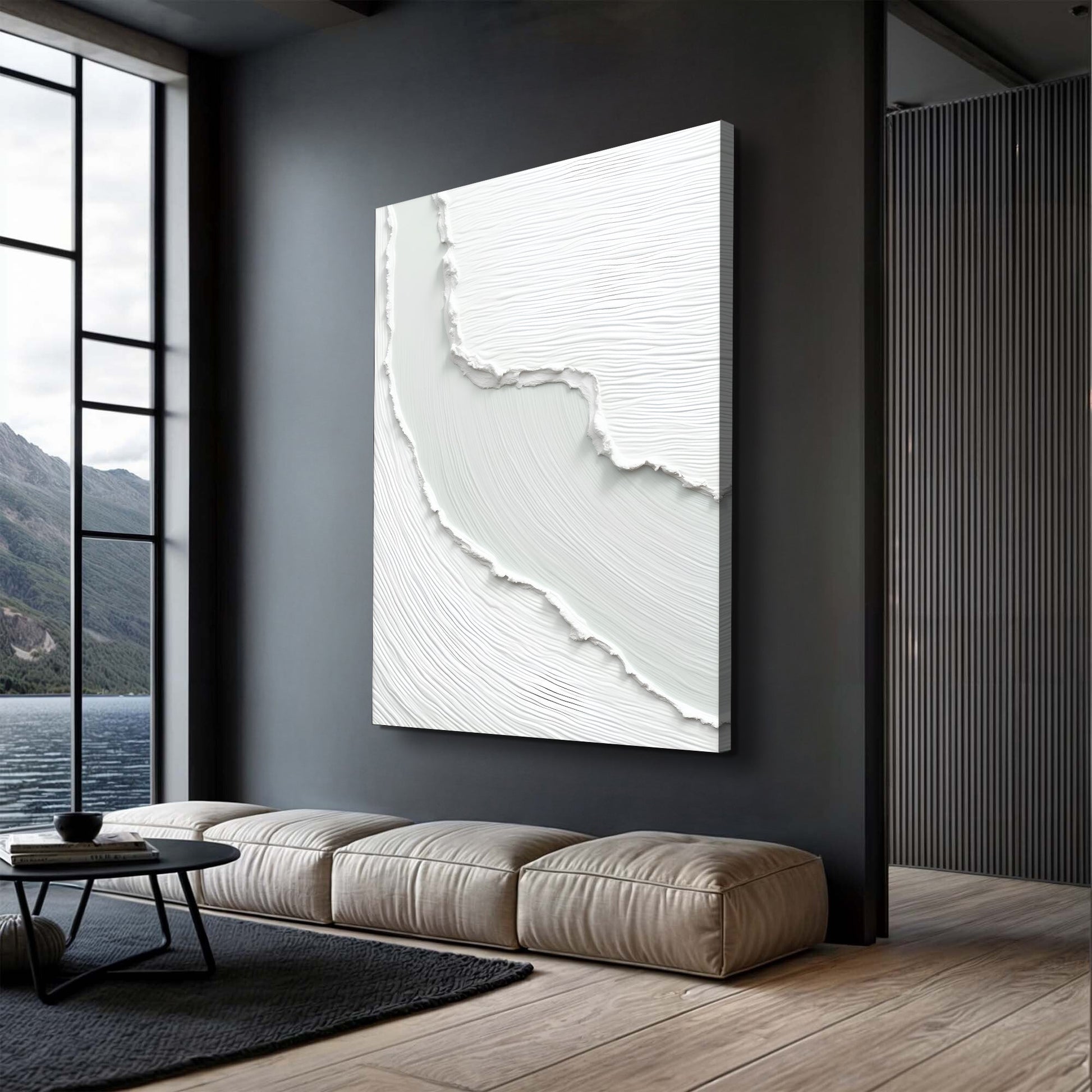 Abstract Minimalist Wave Wall Art canvas by Tailored Canvases with white textured surface on Tampa Home & Garden Store