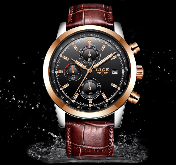 Stevvex men's waterproof chronograph watch with brown leather strap and rose gold bezel on Tampa Home & Garden Store