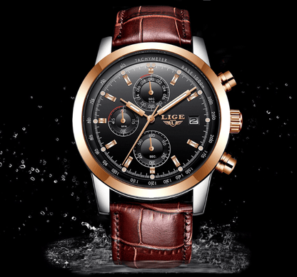 Stevvex men's waterproof chronograph watch with brown leather strap and rose gold bezel on Tampa Home & Garden Store
