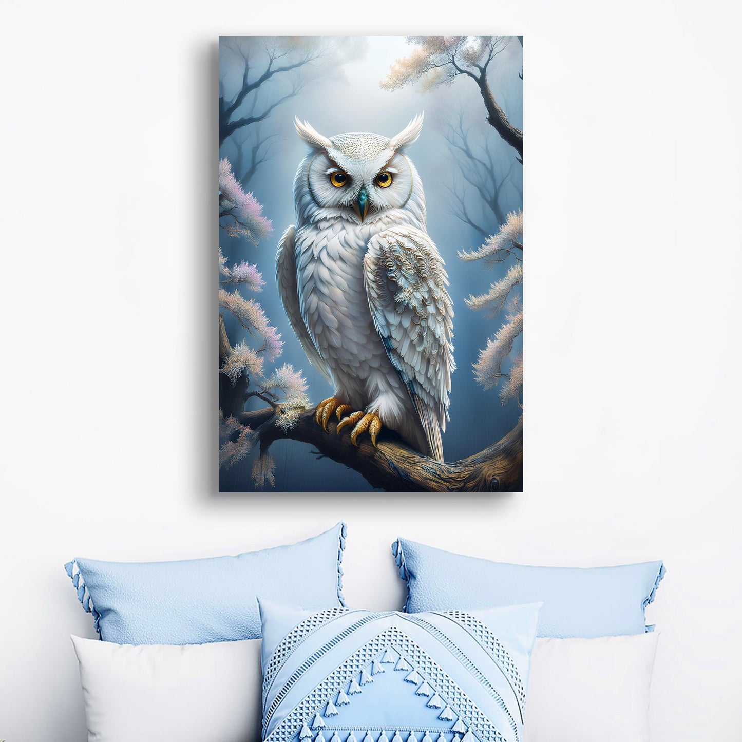 Owl Wall Art II canvas by Tailored Canvases, white owl with yellow eyes on blue misty trees on Tampa Home & Garden Store