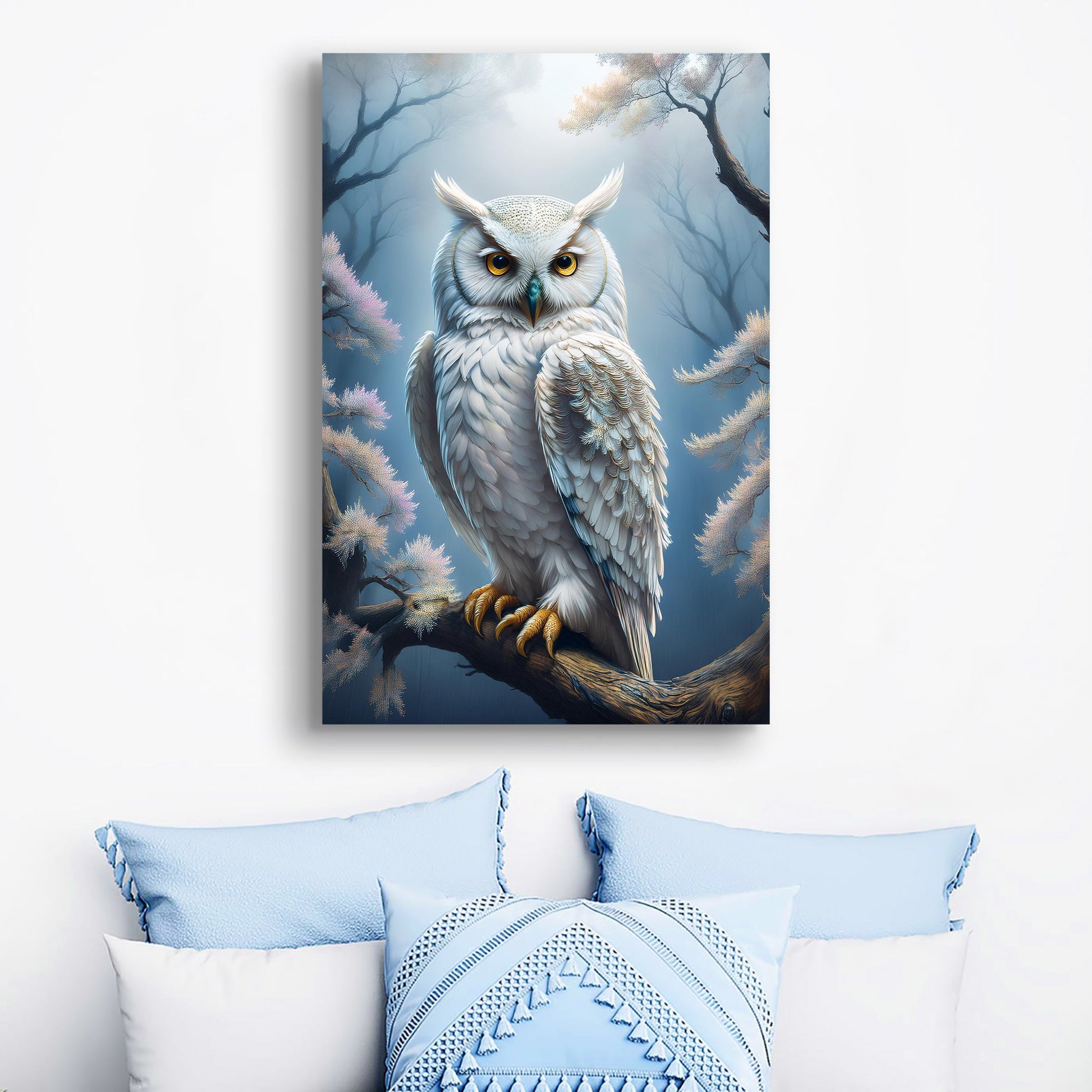 Owl Wall Art II canvas by Tailored Canvases, white owl with yellow eyes on blue misty trees on Tampa Home & Garden Store