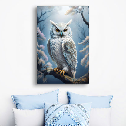 Owl Wall Art II canvas by Tailored Canvases, white owl with yellow eyes on blue misty trees on Tampa Home & Garden Store