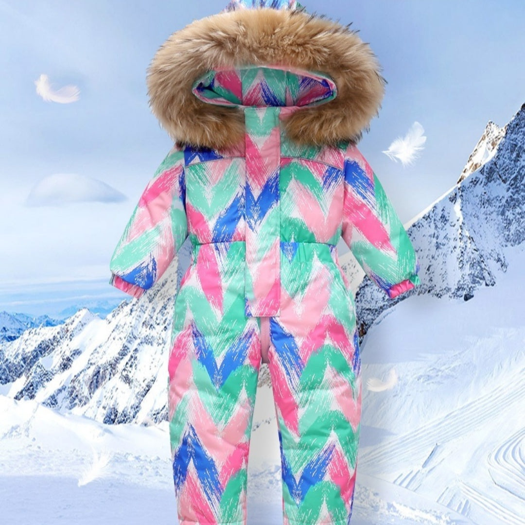 Children's puffer jumpsuit with fur hood in pink, aqua and green chevron pattern Stevvex on Tampa Home & Garden Store