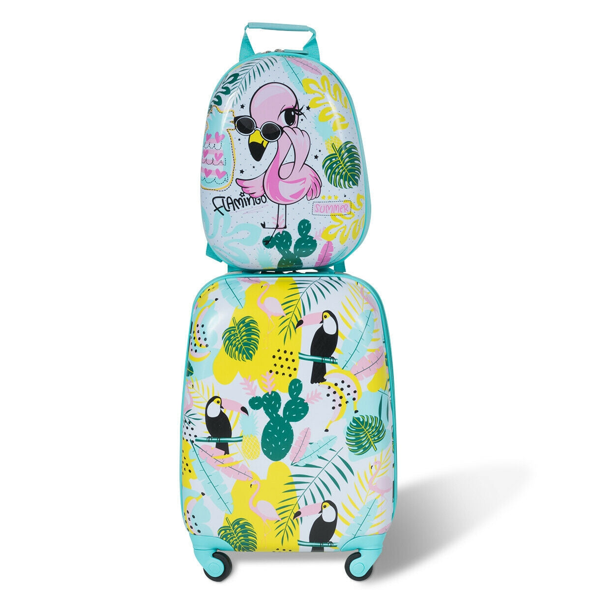 GemGear 2-piece kid luggage: 12in backpack and 16in rolling suitcase, flamingo print, teal trim on Tampa Home & Garden Store