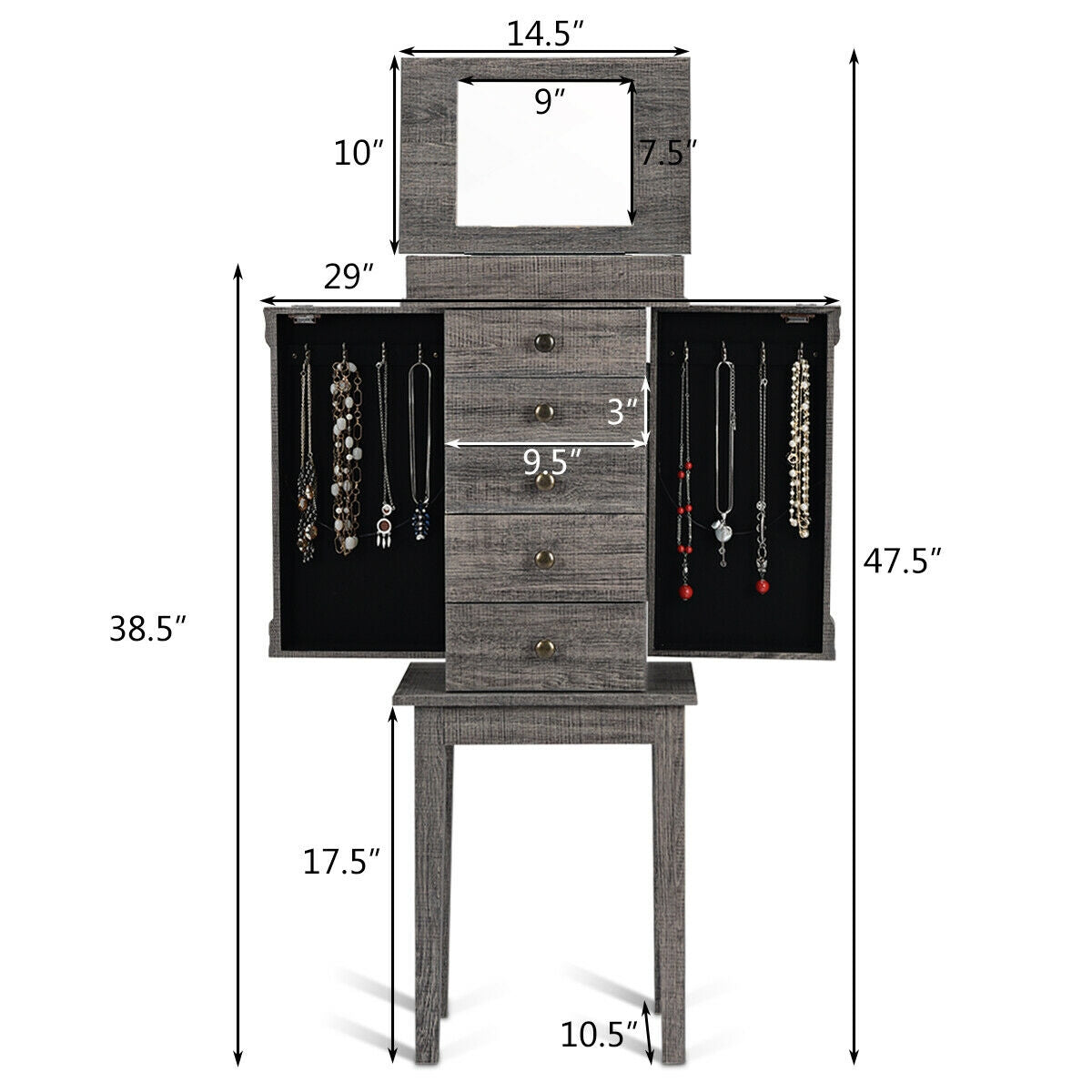 Organizador de almacenamiento de joyero de pie con patas de madera - Gris