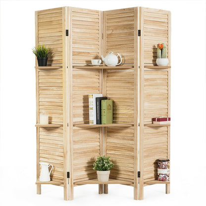 Biombo Divisor de Ambientes Plegable de 4 Paneles con 3 Estantes de Exhibición - Blanco