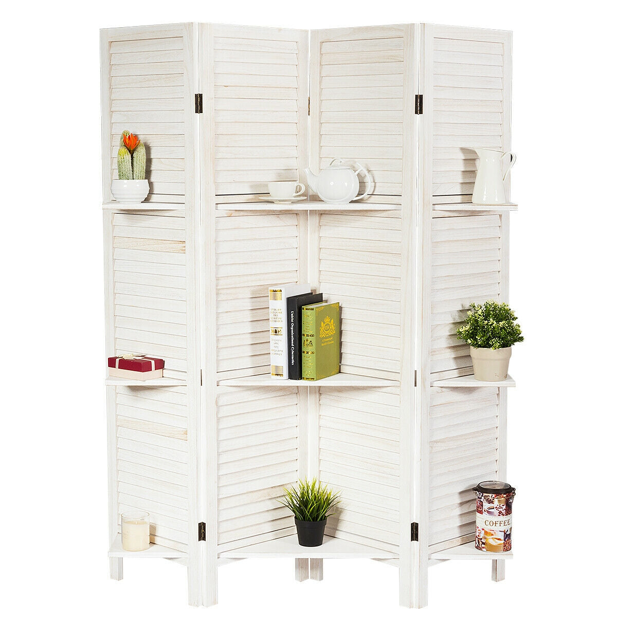 Biombo Divisor de Ambientes Plegable de 4 Paneles con 3 Estantes de Exhibición - Blanco