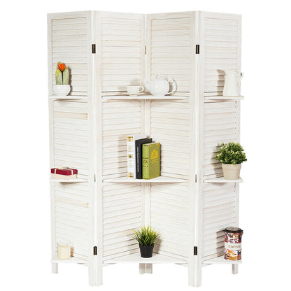 Biombo Divisor de Ambientes Plegable de 4 Paneles con 3 Estantes de Exhibición - Blanco