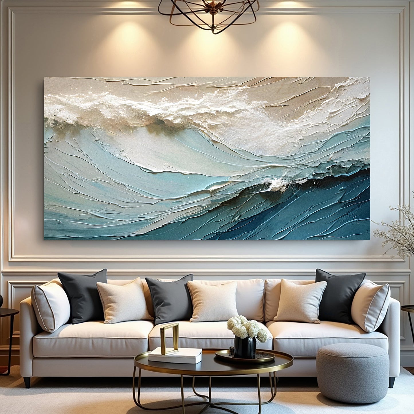 Beige Minimalist Wall Art on Canvas with textured cream and blue wave details Tailored Canvases on Tampa Home & Garden Store