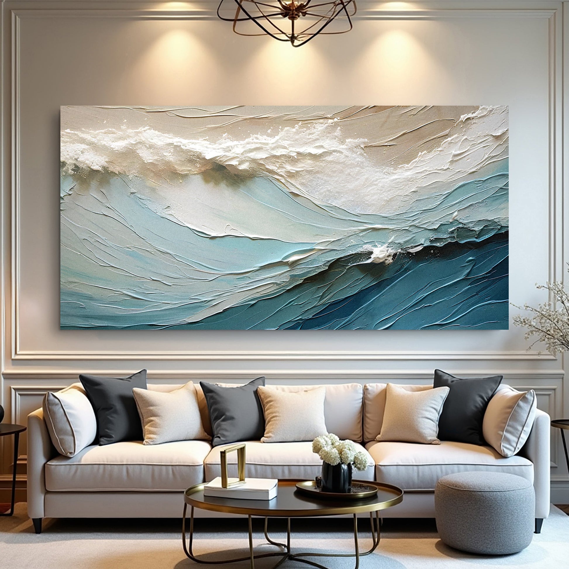 Beige Minimalist Wall Art on Canvas with textured cream and blue wave details Tailored Canvases on Tampa Home & Garden Store