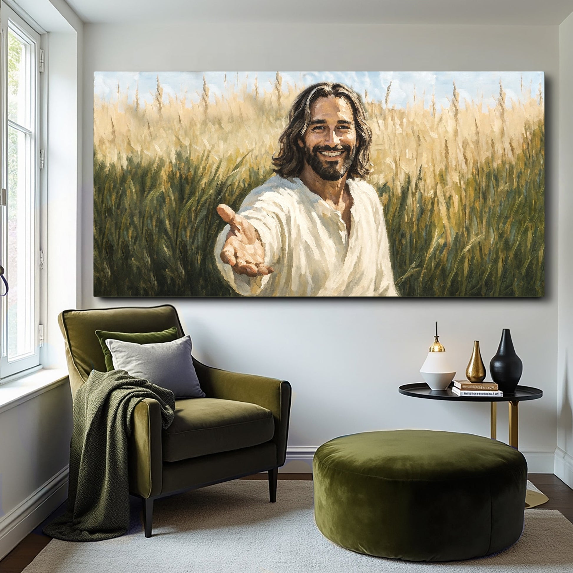 Savior's Invitation Faith Wall Art Tailored Canvases: smiling man in a golden wheat field on Tampa Home & Garden Store