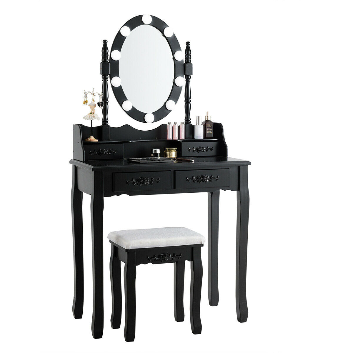 Tocador de Maquillaje con Espejo Iluminado con Interruptor Táctil y Taburete Acolchado-Negro